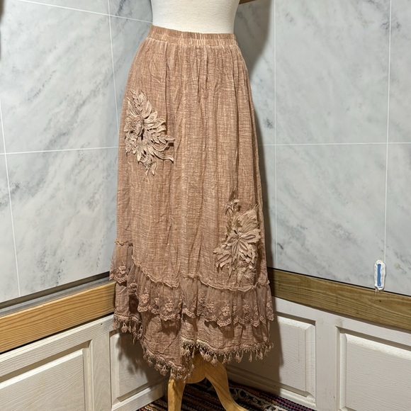 ❤️Pretty Angel  Brown Double Layer Linen Blend Lace Skirt Boho Lagen Look … - Picture 2 of 16